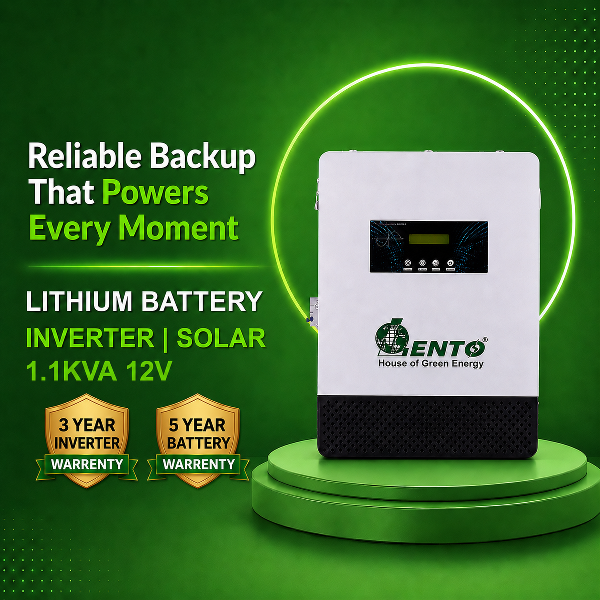 Lento 1.1KVA 12.8V Lithium Battery Inverter for Home | Up to 3Hr 15Min Power Backup @400W | Pure Sine Wave UPS | Inbuilt LiFePO4 Battery | Wall Mount Design | LCD Display