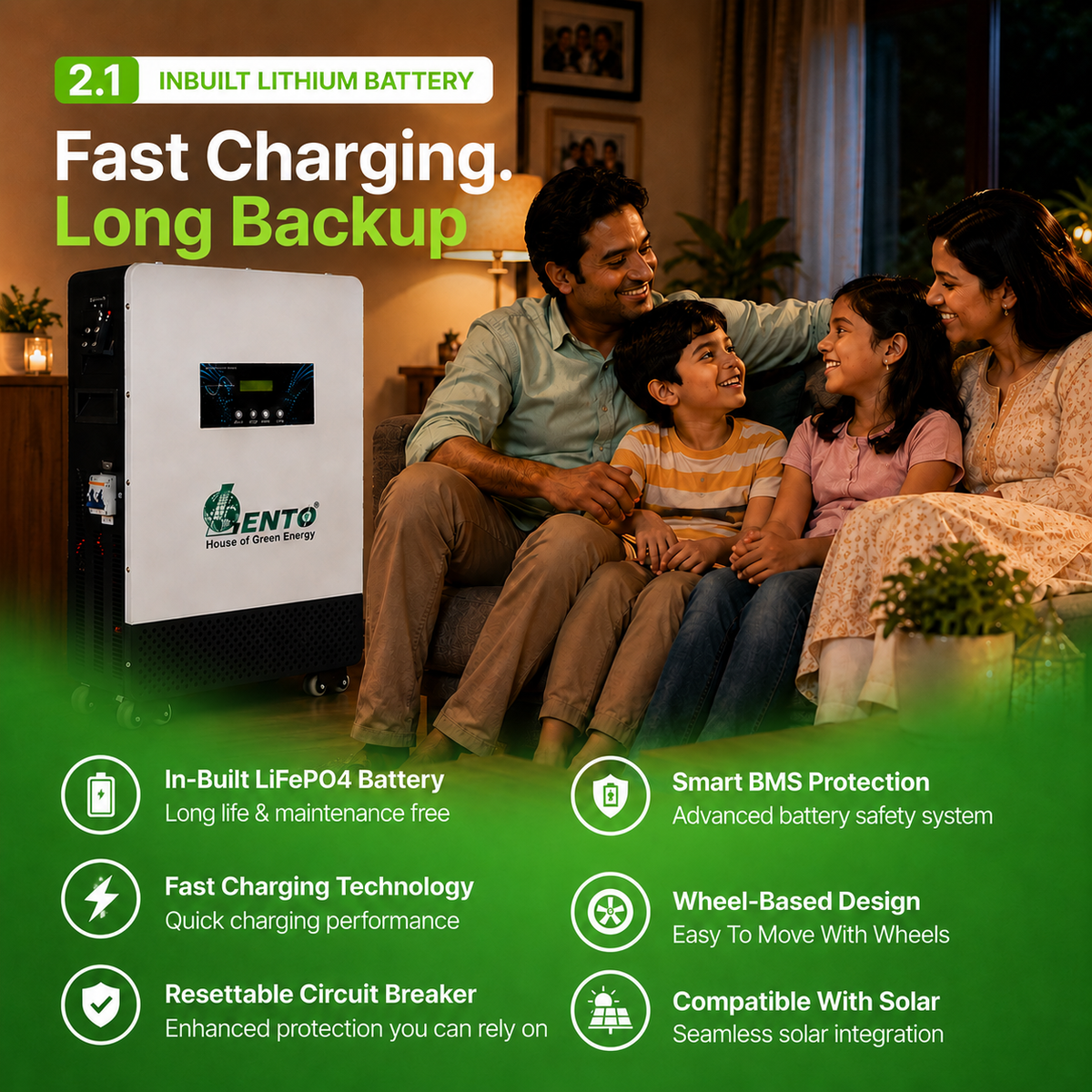Lento 2.1KVA 25.6V Lithium Battery Inverter UPS | Inbuilt LiFePO4 Battery | Up to 6Hr 15Min Backup @400W | Pure Sine Wave Output | LCD Display | Portable Wheel Base | Fast Charging