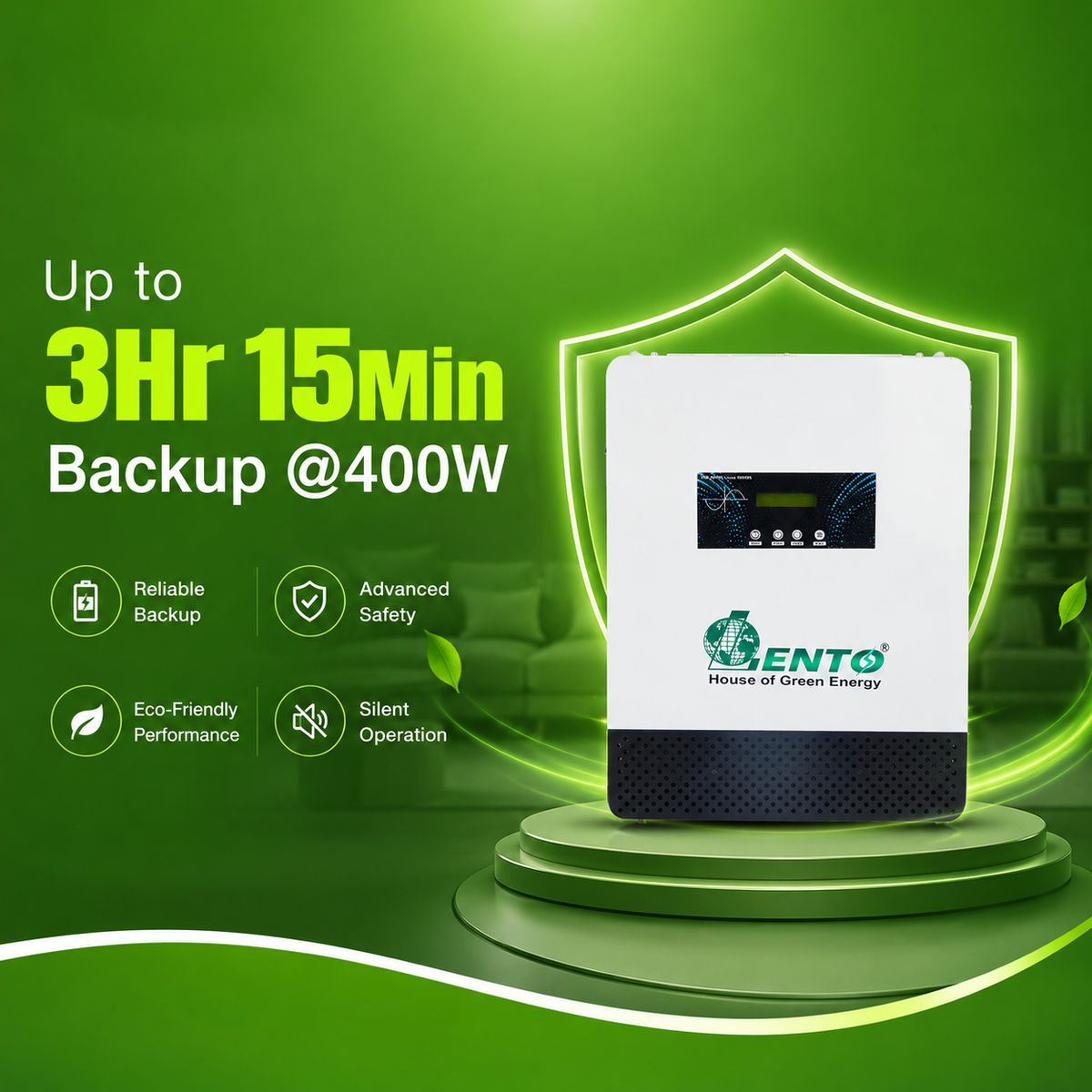 Lento 1.1KVA 12.8V Lithium Battery Inverter for Home | Up to 3Hr 15Min Power Backup @400W | Pure Sine Wave UPS | Inbuilt LiFePO4 Battery | Wall Mount Design | LCD Display