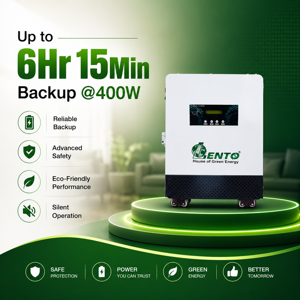 Lento 2.1KVA 25.6V Lithium Battery Inverter UPS | Inbuilt LiFePO4 Battery | Up to 6Hr 15Min Backup @400W | Pure Sine Wave Output | LCD Display | Portable Wheel Base | Fast Charging