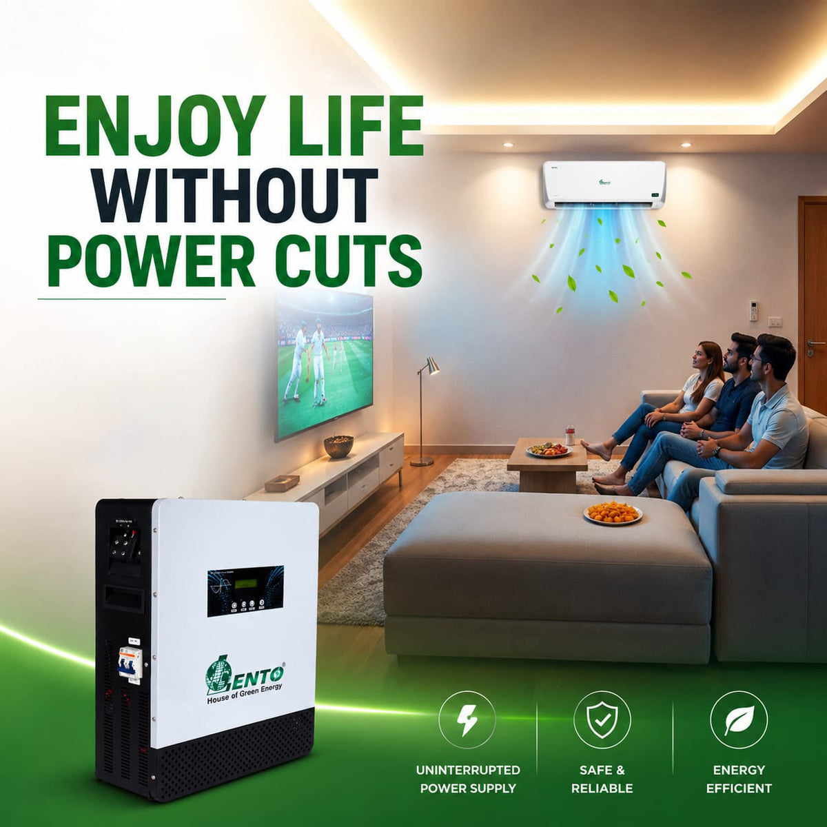 Lento 1100VA Hybrid Solar Inverter with Inbuilt 12.8V Lithium Battery | MPPT Solar Charger | Pure Sine Wave Output | Up to 1100W Solar Support | Fast Charging | Wall Mount Design | Made in India