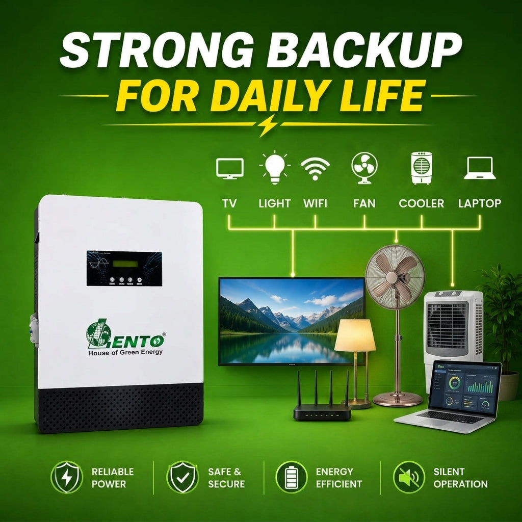 Lento 1100VA Hybrid Solar Inverter with Inbuilt 12.8V Lithium Battery | MPPT Solar Charger | Pure Sine Wave Output | Up to 1100W Solar Support | Fast Charging | Wall Mount Design | Made in India
