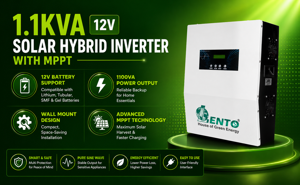 Lento 1.1KVA 12V Solar Hybrid Inverter with MPPT | Pure Sine Wave Solar UPS for Home | Compatible with Lithium, Tubular, SMF & Gel Batteries | Wall-Mount Design | Reliable Off-Grid Power Backup