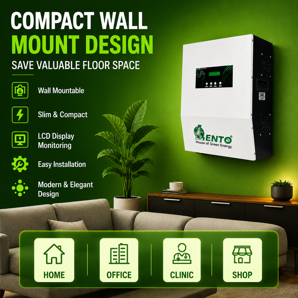 Lento 2.5KVA 24V Solar Inverter for Home | Hybrid Solar PCU with Advanced MPPT Technology | Pure Sine Wave Solar UPS | Compatible with Lithium, Tubular, SMF & Gel Batteries | Wall-Mount Design